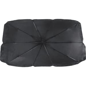 A black sunshade featuring a multi-panel design, suitable for outdoor leisure activities. It has a branding logo.