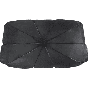 A black sunshade featuring an umbrella-like design with multiple support ribs. It has a streamlined shape for outdoor use.