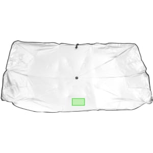 A transparent sunshade with black trim, featuring a central tie and a green label area.