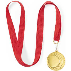 A gold medal with a red ribbon, featuring an embossed design, suitable for awards and trophies.
