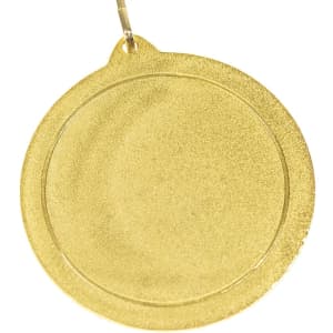 A gold medal with a smooth, circular surface and a small loop for attachment. It features a shiny finish.