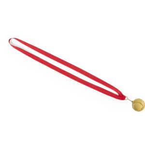 A gold medal with a red ribbon, designed for awards and trophies in exhibitions and events.