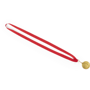 A gold medal with a red ribbon. The medal features a logo and is suited for awards and trophies.
