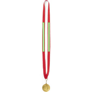 A gold medal with a round pendant, hanging from a red ribbon with green stripes.