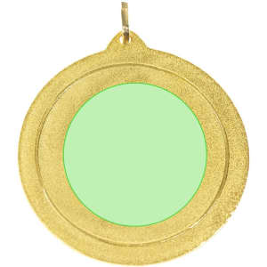A gold medal featuring a circular design with a smooth green centre. It has a hanging loop attached.