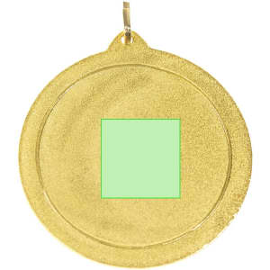 A gold medal featuring a textured surface and a space for engraving, with a small loop for attachment.
