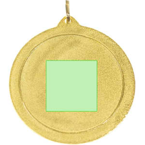 A gold medal with a textured surface and a blank green square in the centre, featuring a loop for hanging.