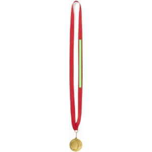 A gold medal hanging from a red ribbon. The medal features a logo and has a circular shape.