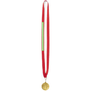 A gold medal attached to a red ribbon, featuring a logo and a space for engraving.
