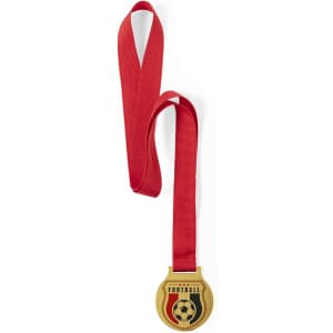 A gold medal with a soccer design on a red ribbon, intended for awards.