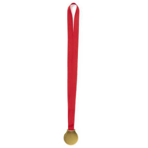A gold medal with a red ribbon, featuring a simple design and no inscriptions.
