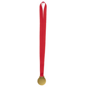 A gold medal with a red ribbon, featuring a circular shape and a smooth surface.