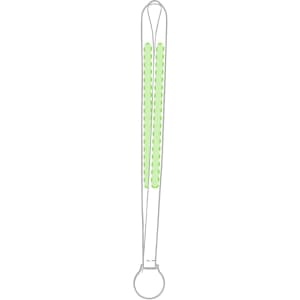 A green lanyard with two highlighted sections, featuring a circular attachment at the end. It has a simple design.