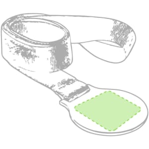 A medal with a green square area for customisation, attached to a textured ribbon.
