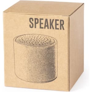 A brown cardboard box featuring an illustration of a round speaker. The box has a simple design and a logo.