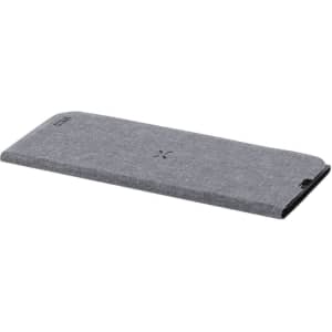 A grey wireless charger mousepad with a sleek, minimalist design and a logo on the surface.