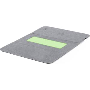 A grey wireless charger mousepad featuring a green charging area and a branding logo.