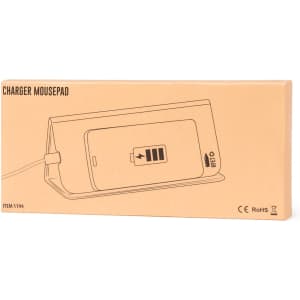 A wireless charger mousepad in beige packaging, featuring a simplistic design and a visible charging logo.