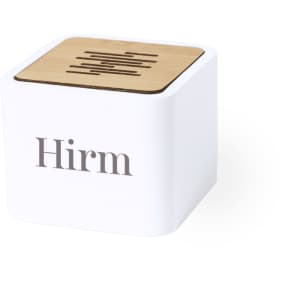 A square speaker in white with a wooden top, featuring a logo and a sleek design.
