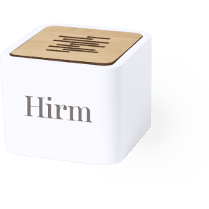 A white square speaker with a wooden top, featuring a logo on one side.