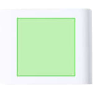 A square speaker with a white exterior and a bright green panel, featuring a logo on the side.
