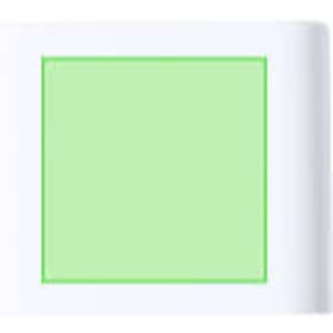 A square speaker in a vibrant green colour, framed by a white outer casing, featuring a logo.