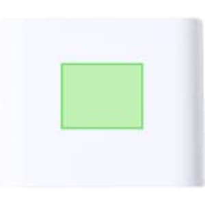 A white speaker with a light green rectangular design in the centre, featuring a branding logo.