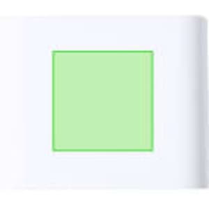 A compact white speaker with a square green accent, featuring a logo on the side.