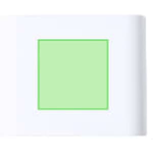 A small square speaker with a pastel green front and a white body, featuring a logo on one side.