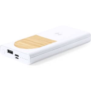 A white power bank with a wooden panel on top, featuring USB ports and indicator lights.