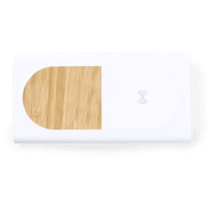 A power bank with a white design and a bamboo panel, featuring a logo on the surface.