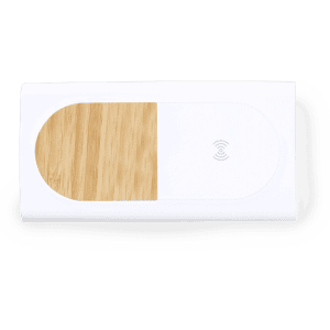 A white power bank with a wooden section, featuring a logo and a wireless charging symbol.