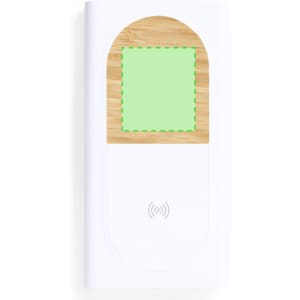 A power bank with a white body and a bamboo top, featuring a green square design area.