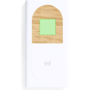 A white power bank with a bamboo top and a green square area, featuring a logo on the front.