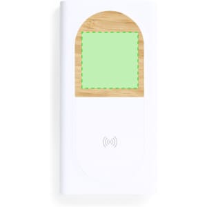 A white power bank with a bamboo top section and a green square area. It features a branding logo on the front.
