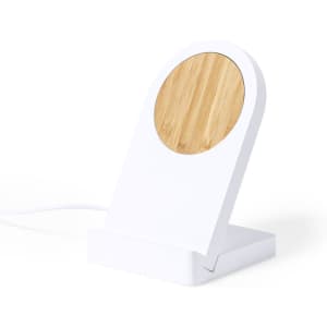 A wireless phone charger in white with a round bamboo charging surface. Features a sleek, modern design.