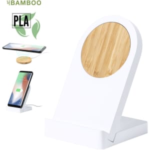 A wireless charger with a white base and a bamboo charging surface, featuring a sleek, modern design.