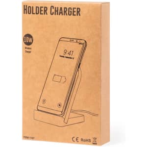 A wireless charger in a brown box featuring a simple design, showcasing a phone on a stand with a battery icon.