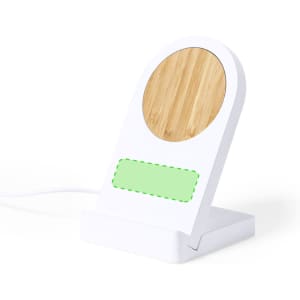 A wireless charger with a white body and a circular bamboo charging surface, featuring a logo.