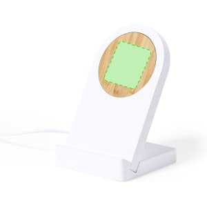 A wireless charger featuring a white body and a circular bamboo accent at the top, with a green highlighted area.