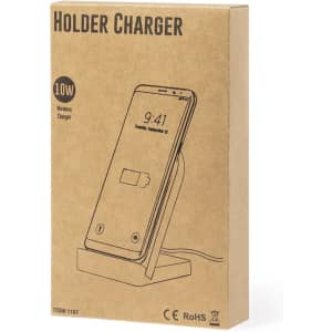 A wireless charger in a brown cardboard box features a simplistic design and a holder stand for a smartphone.