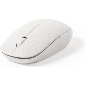 A grey, speckled computer mouse with a smooth, rounded design and a scroll wheel. It features a logo.