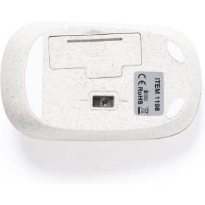 A white, textured mouse with a slot and connector at the bottom. The product features a branding logo.