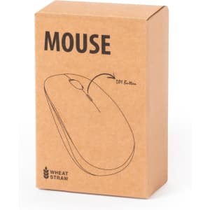A brown cardboard box containing a wireless mouse, featuring a DPI button illustration and a logo.