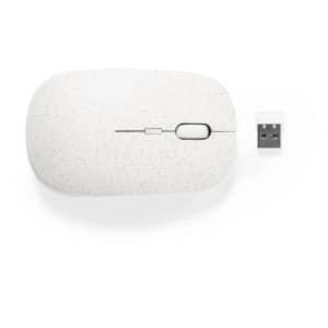 A white wireless mouse with a speckled texture and a USB receiver. The design is sleek and modern.