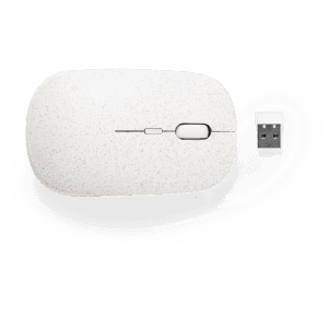 A white mouse with a USB connector, featuring a smooth surface and an ergonomic design. Also includes a logo.