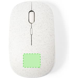 A grey and white computer mouse with a smooth finish and a logo on the underside.