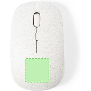 A white mouse with a speckled design and a green marked area. It features one logo on the surface.
