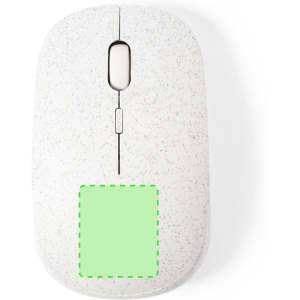A white wireless mouse with a speckled design and a square area for custom branding on the underside.