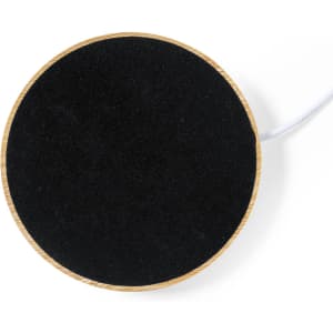 A round cup warmer featuring a black top and a bamboo base, with a white power cord attached.